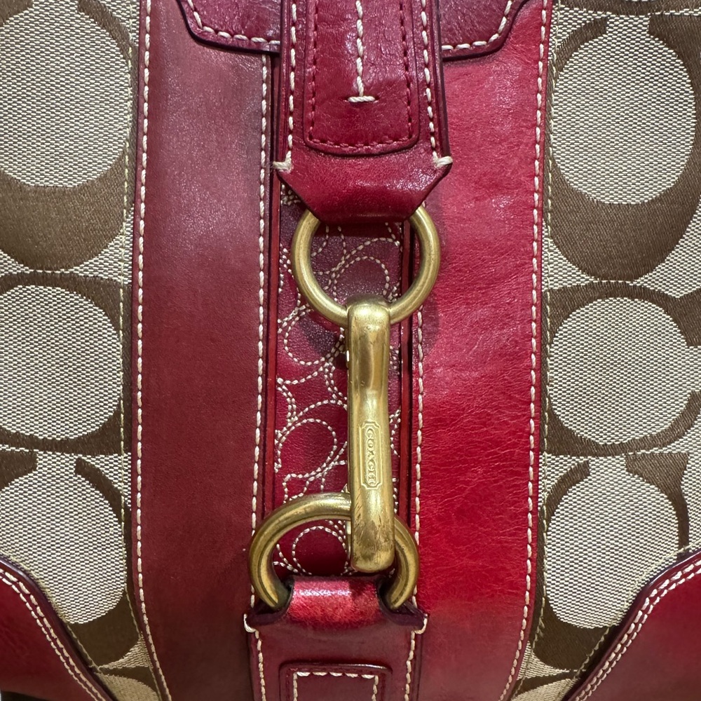 Vintage COACH Hampton Signature Monogram Shoulder Bag With Red Leather Handbag - Picture 2 of 16